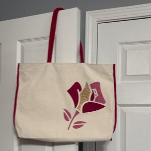 Lancome Cream and Red Tote with Gold Accent